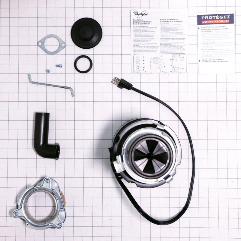 Whirlpool 84211602 1/2 HP Garbage Disposal, Corded - shown with measurements