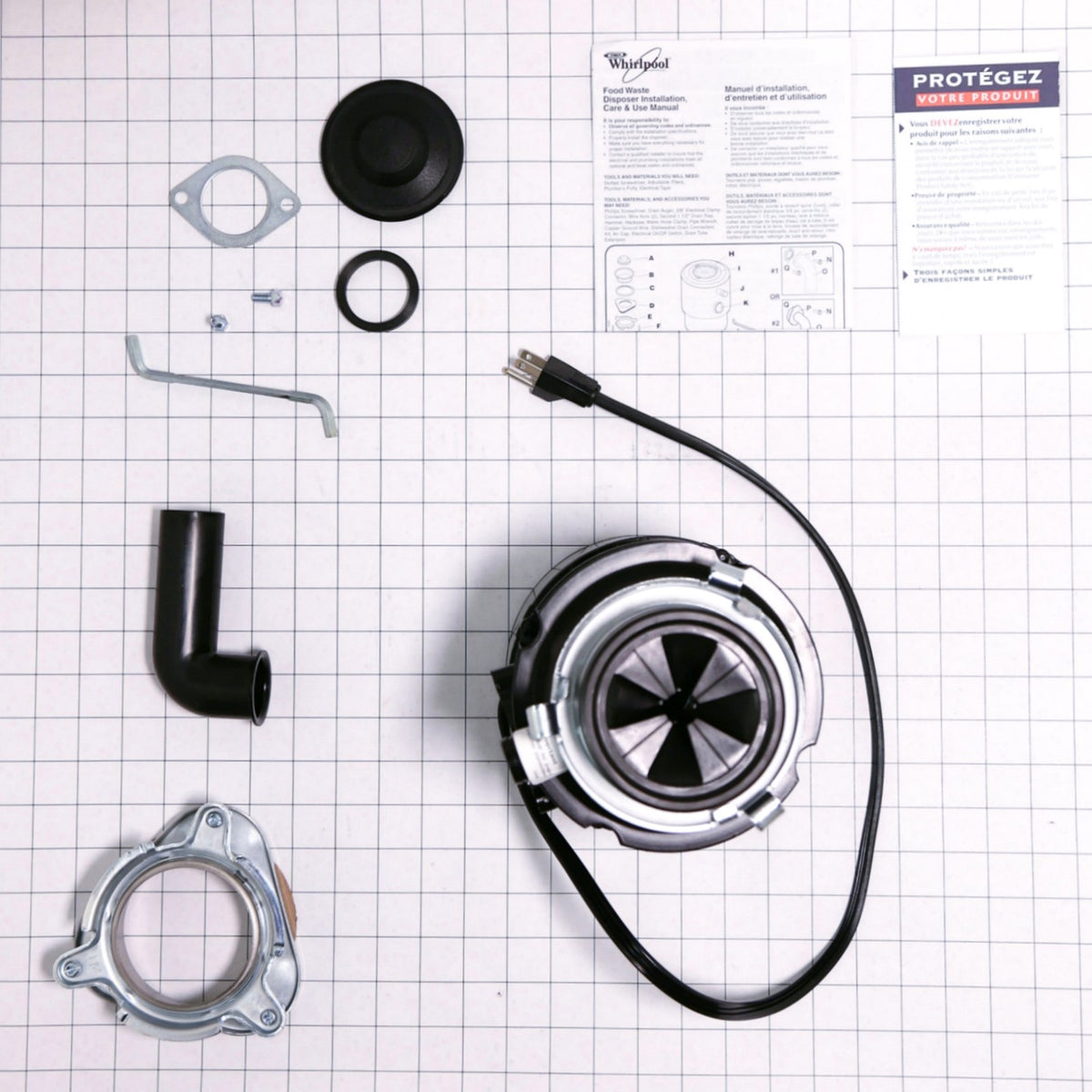 Whirlpool 84211602 1/2 HP Garbage Disposal, Corded - shown with measurements